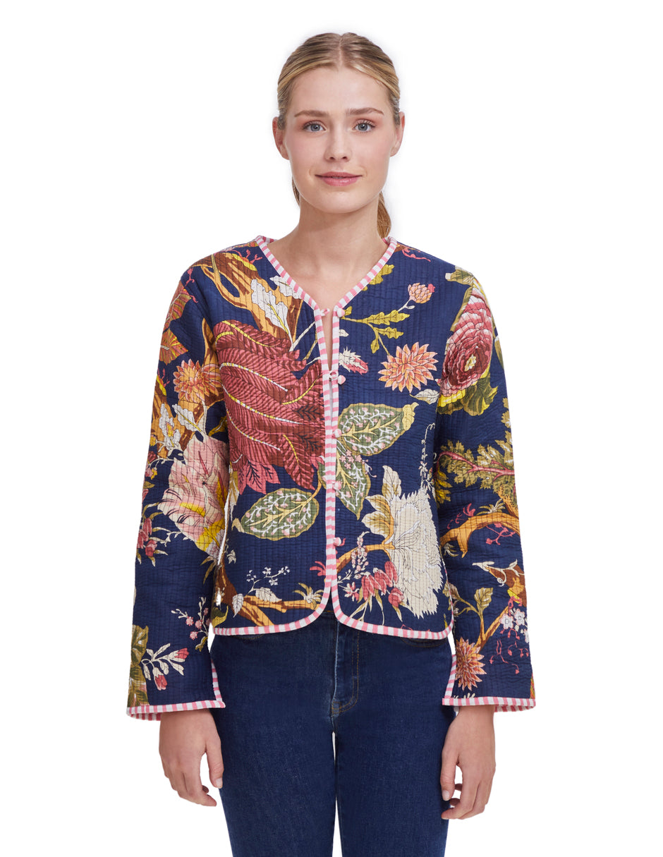 Chamarra Mujer Algodón Tela Estampada Azul Marino Floral dv2925