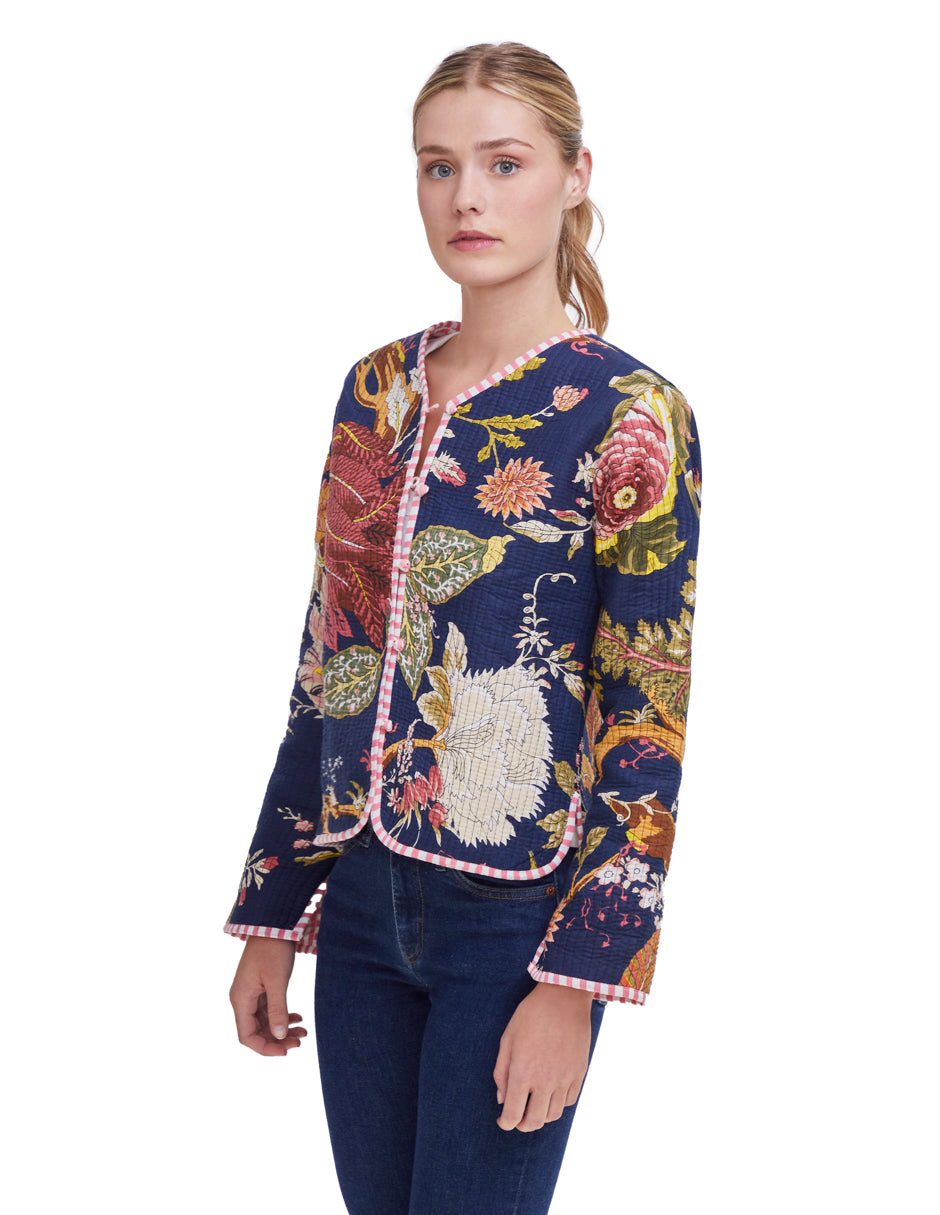 Chamarra Mujer Algodón Tela Estampada Azul Marino Floral dv2925