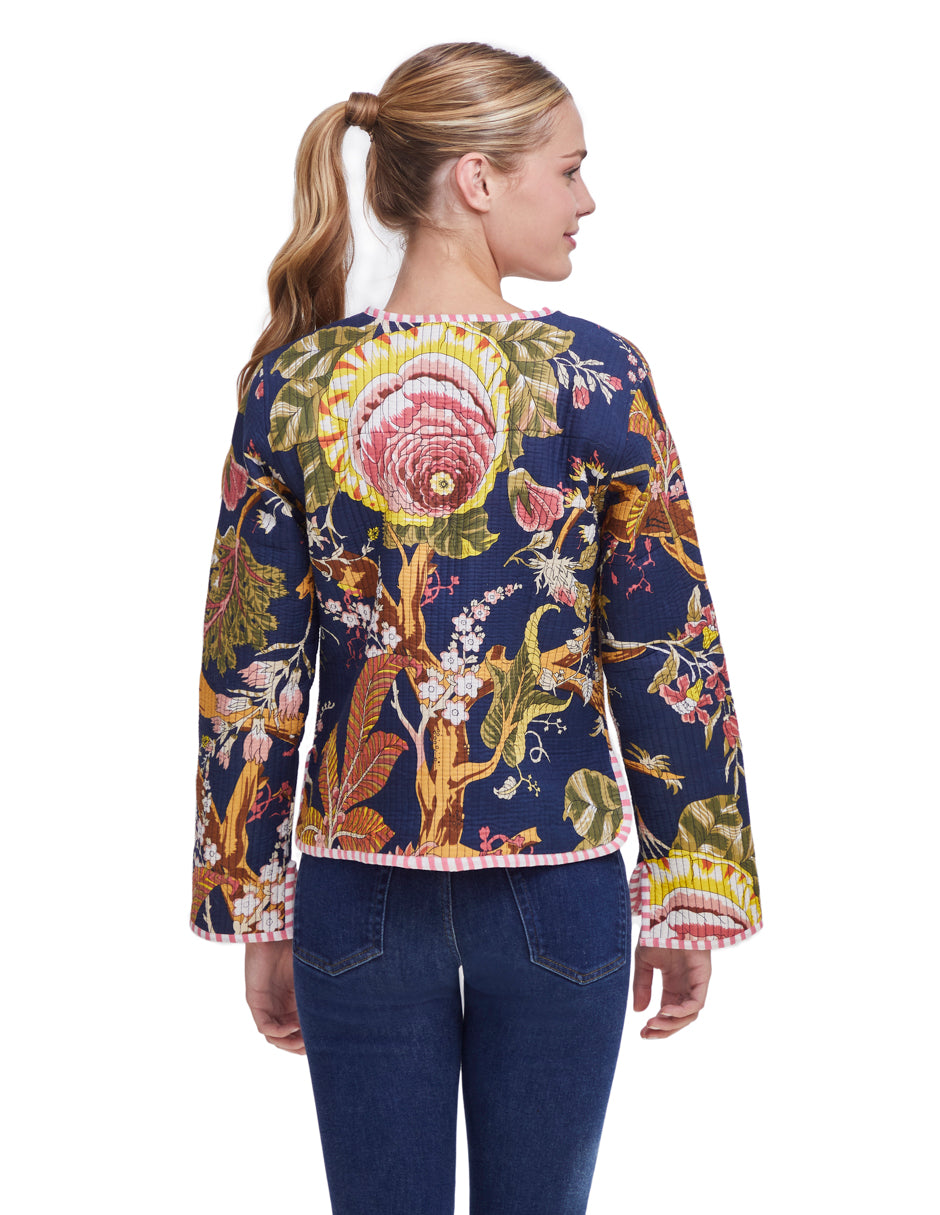 Chamarra Mujer Algodón Tela Estampada Azul Marino Floral dv2925