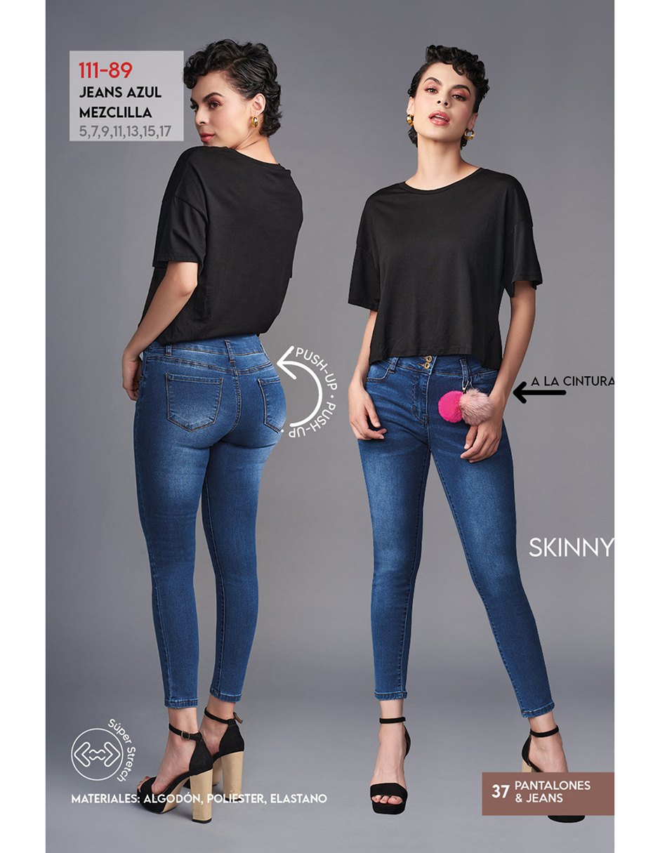 Jeans Skinny con Accesorio: Stretch, Azul, Push Up