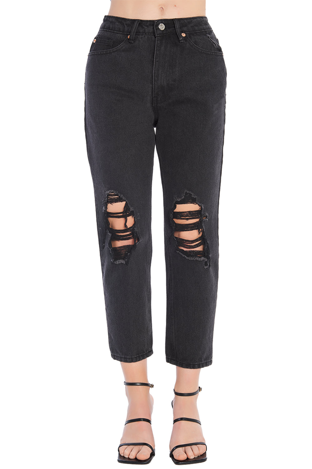 Jeans Negro Mom Fit con Rupturas