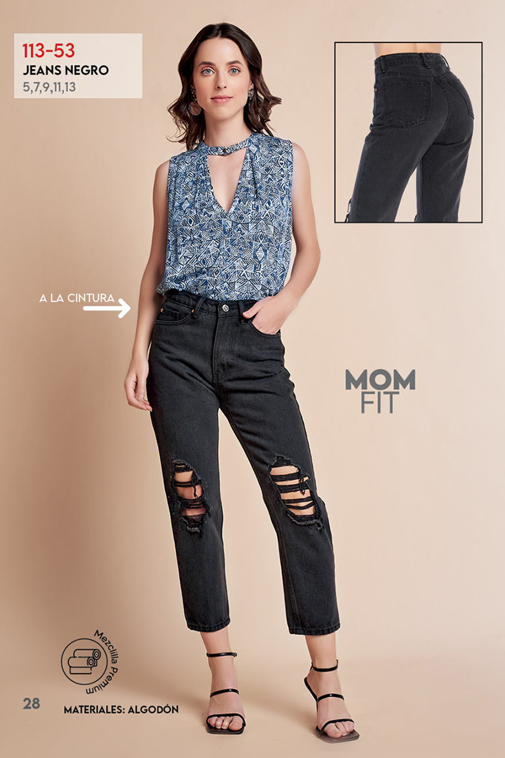 Jeans Negro Mom Fit con Rupturas