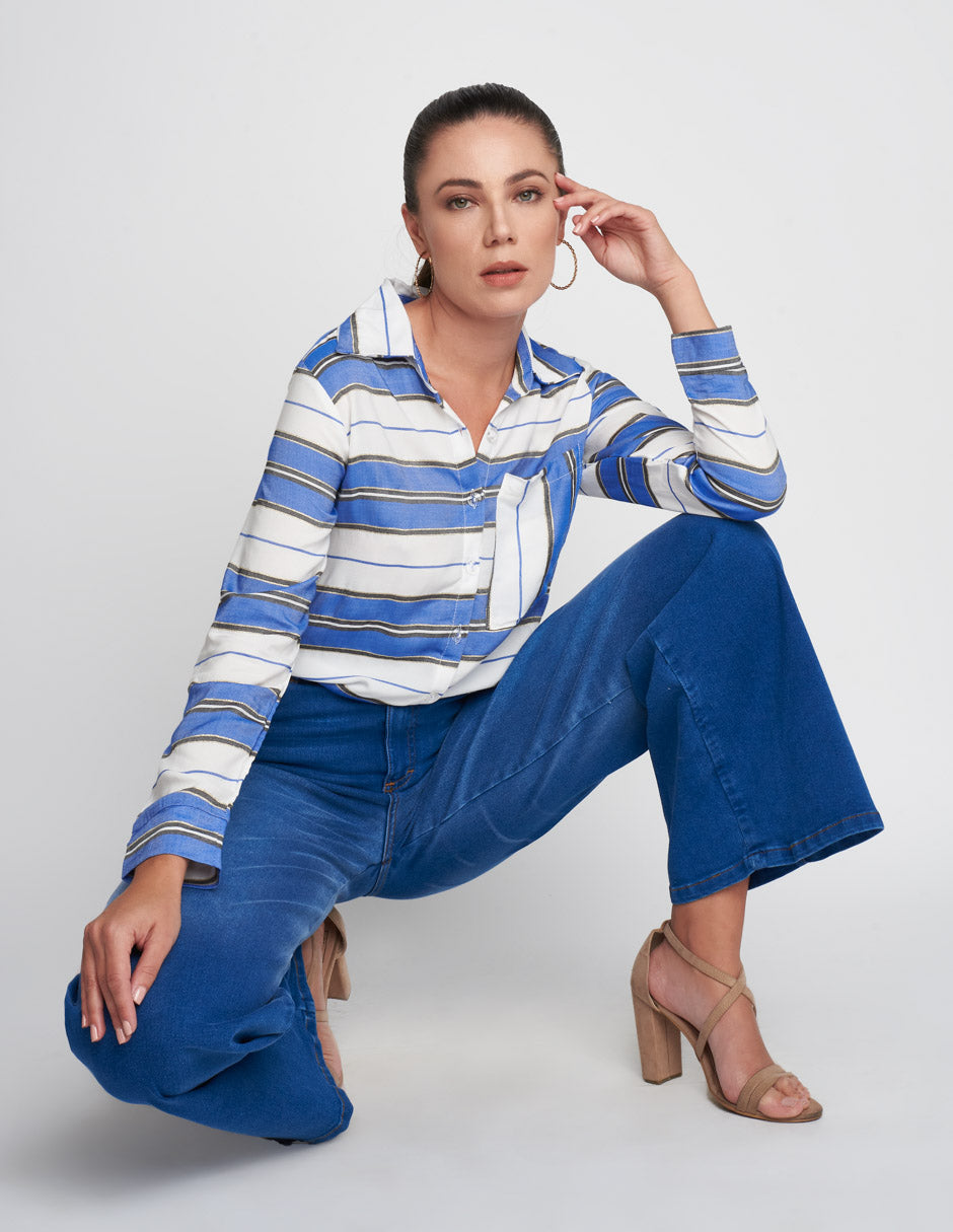 Jeans para mujer de tela de mezclilla azul tiro alto a la cinturawide leg al tobillo stretch