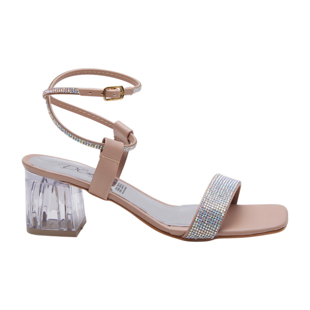 Tacones para dama de 10 cm, tacón ancho de acrílico transparente, punta abierta, correa ajustable brillos beige dv2925