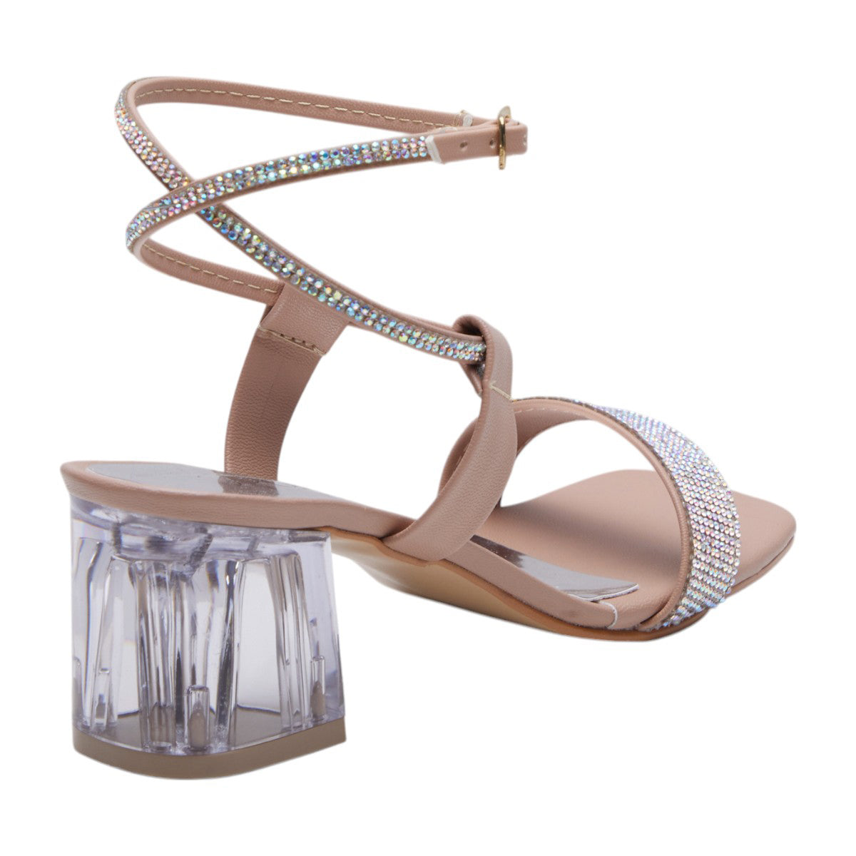 Tacones para dama de 10 cm, tacón ancho de acrílico transparente, punta abierta, correa ajustable brillos beige dv2925