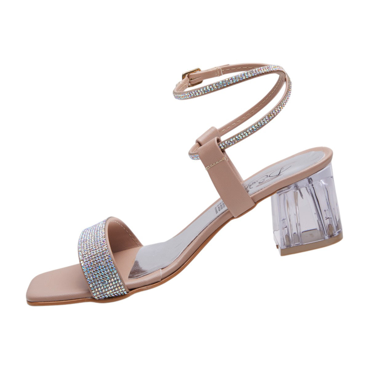 Tacones para dama de 10 cm, tacón ancho de acrílico transparente, punta abierta, correa ajustable brillos beige dv2925