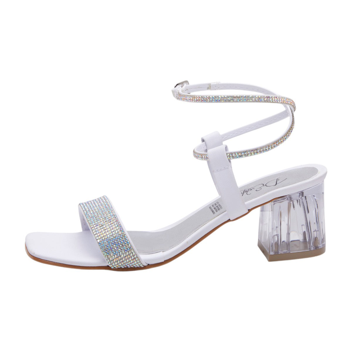 Tacones para dama de 10 cm, tacón ancho de acrílico transparente, punta abierta, correa ajustable brillos blanco dv2925