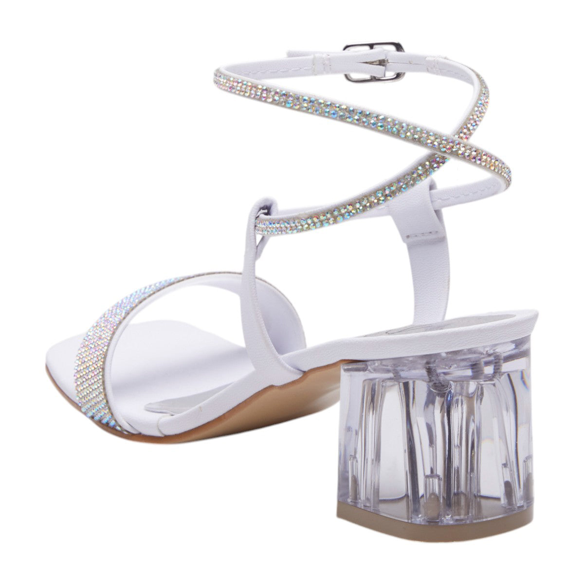 Tacones para dama de 10 cm, tacón ancho de acrílico transparente, punta abierta, correa ajustable brillos blanco dv2925