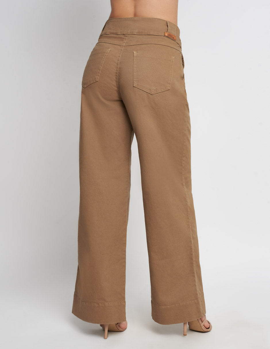 Pantalón Devendi de mujer en color camel tiro alto a la cintura wide leg