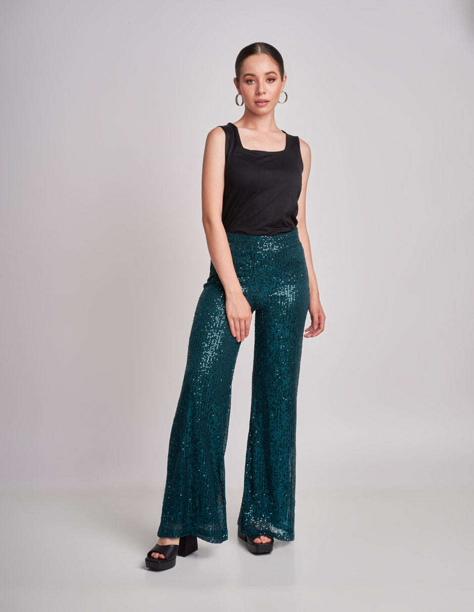 Pantalón Verde de Lentejuelas: Acampanado para un Look Alto