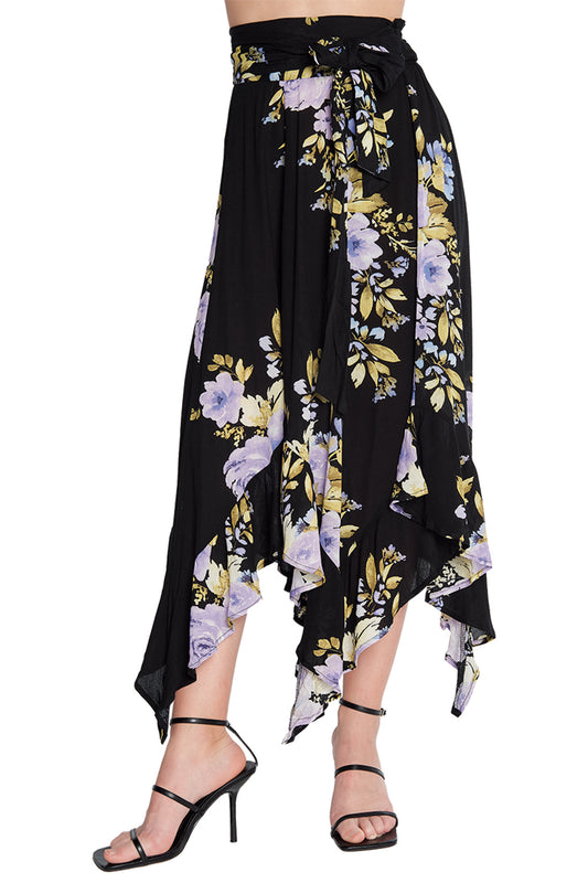 Falda Negra Asimétrica: Estampado Floral, Tiro Alto