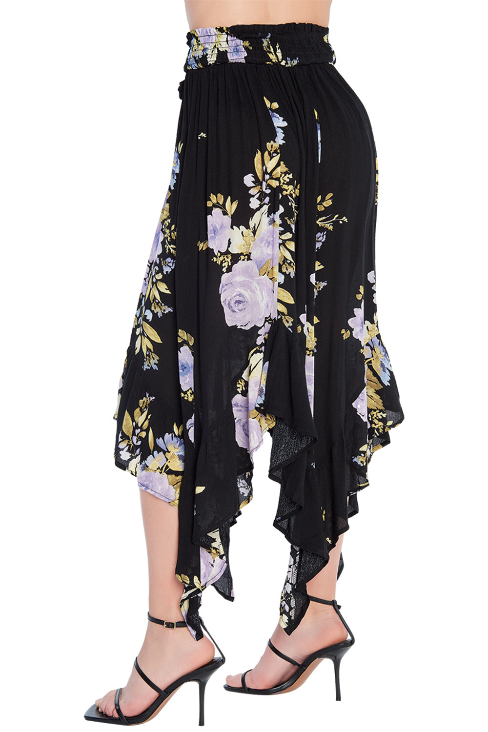 Falda Negra Asimétrica: Estampado Floral, Tiro Alto