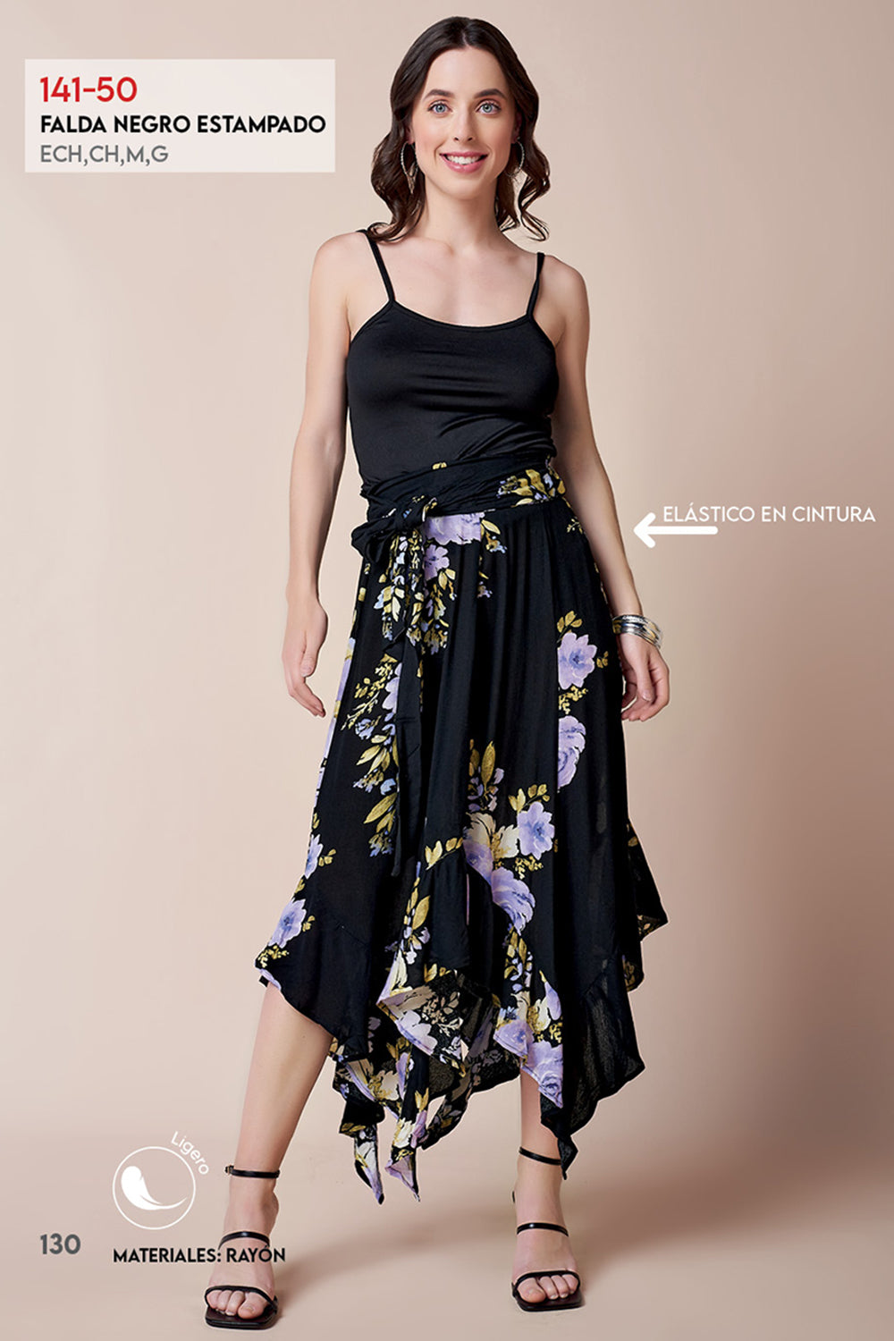 Falda Negra Asimétrica: Estampado Floral, Tiro Alto