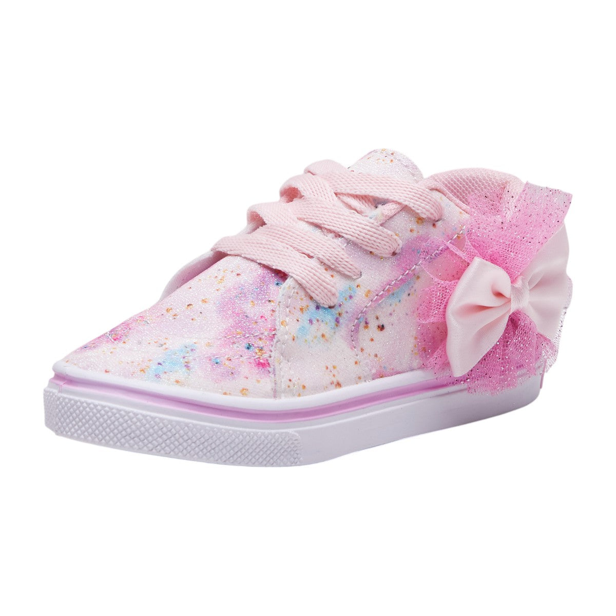 Tenis para niña rosa con puntos de colores brillantes, moño decorativo, agujetas funcionales dv2925