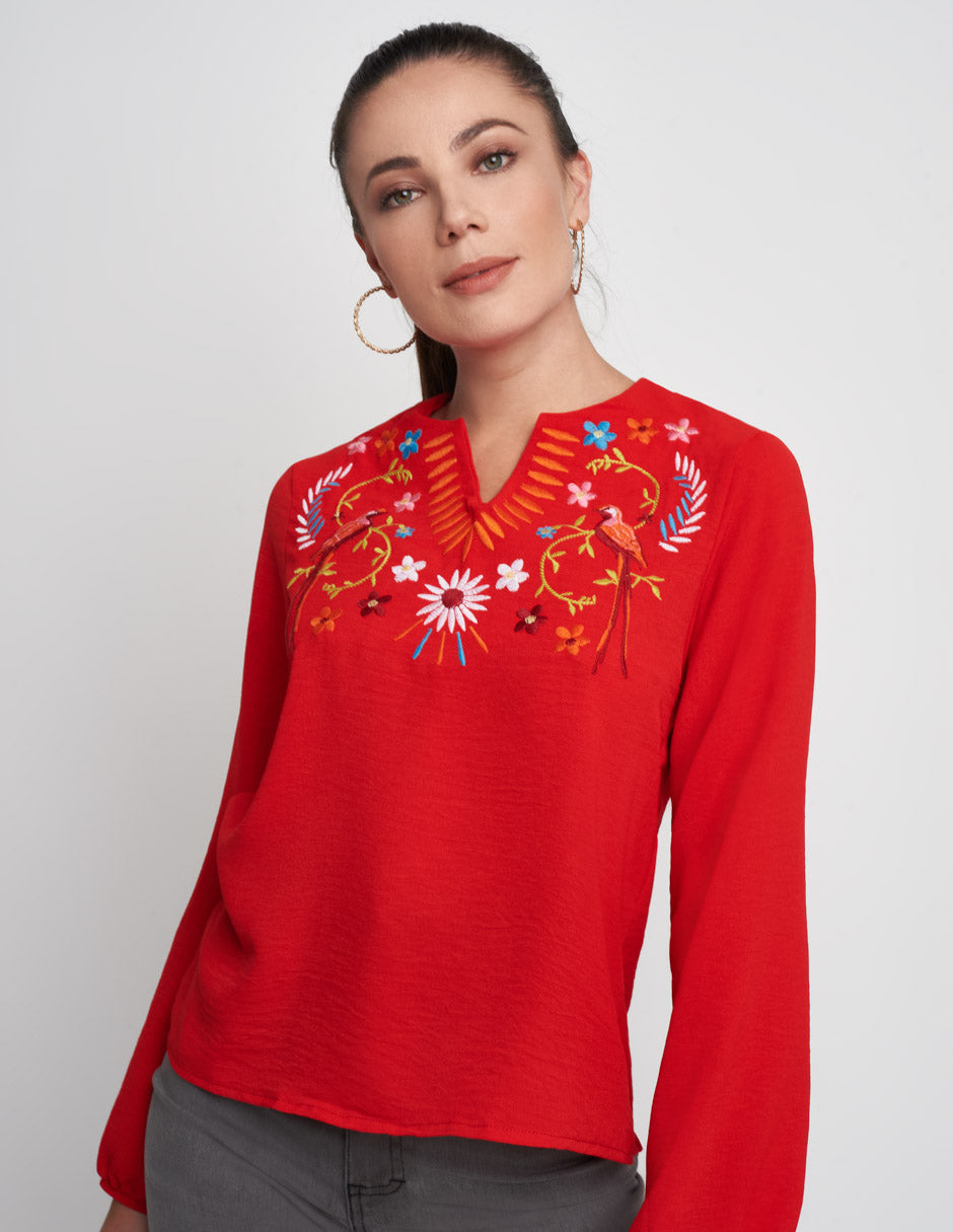 Blusa Devendi Roja: Tela Ligera, Bordado, Cuello Redondo