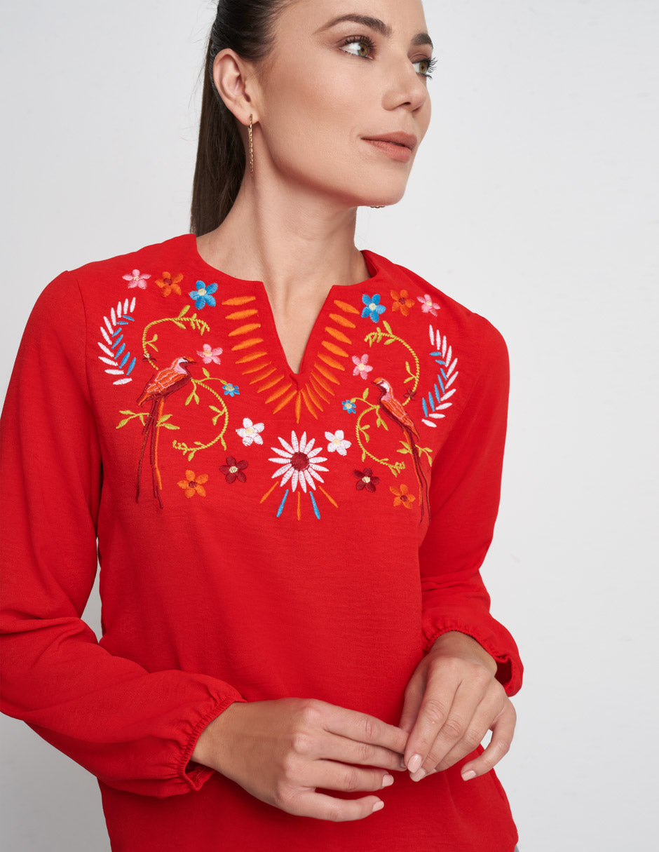 Blusa Devendi Roja: Tela Ligera, Bordado, Cuello Redondo
