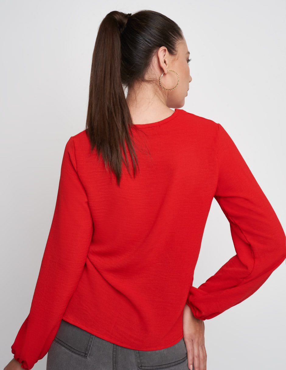 Blusa Devendi Roja: Tela Ligera, Bordado, Cuello Redondo