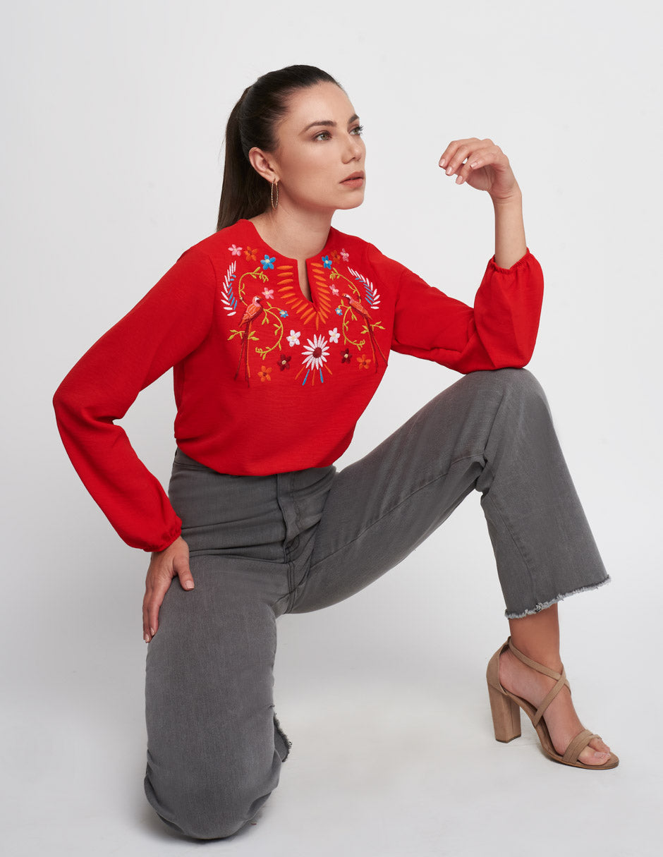 Blusa Devendi Roja: Tela Ligera, Bordado, Cuello Redondo