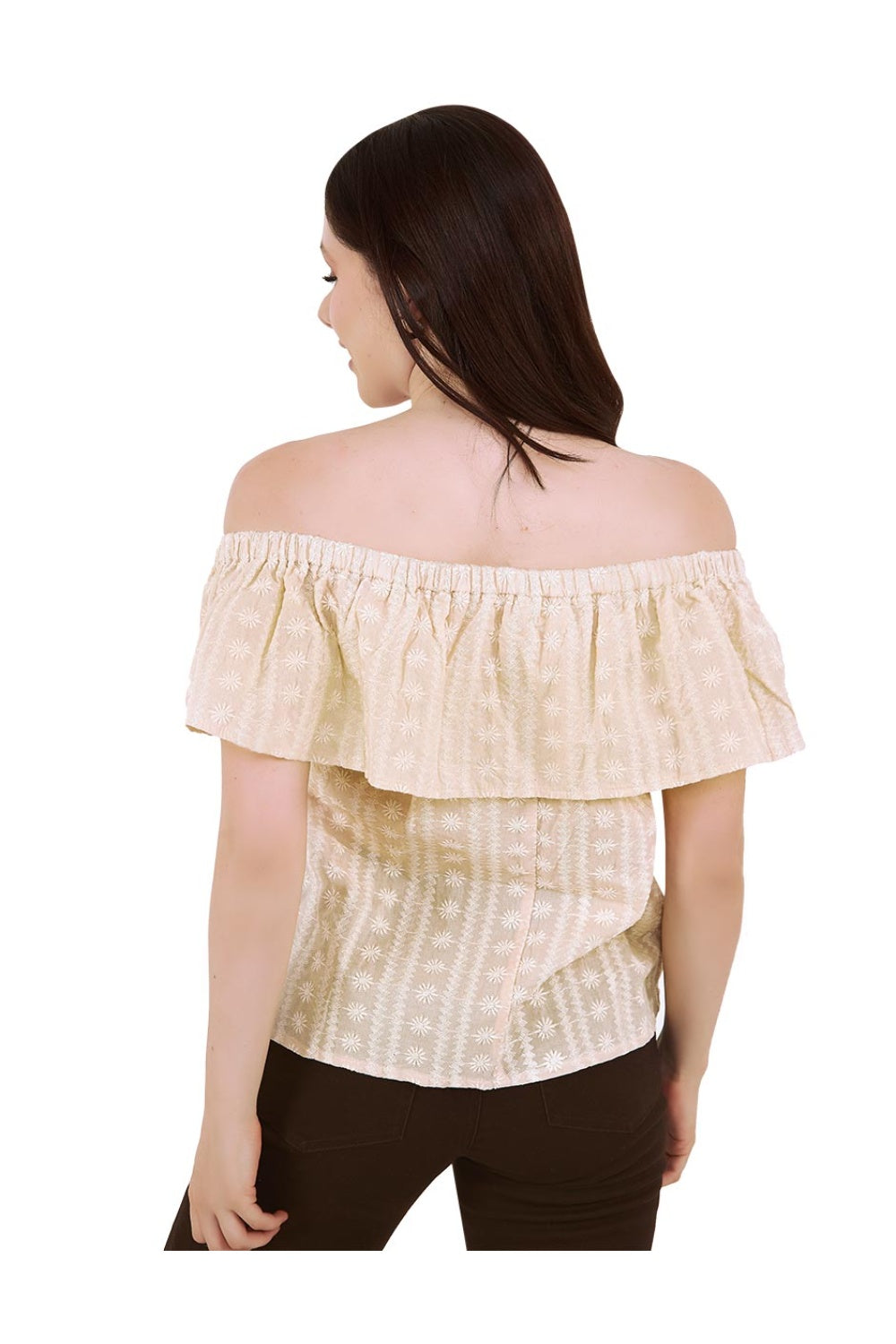 Blusa Beige Casual: Tela Ligera, Bordada, Off Shoulder