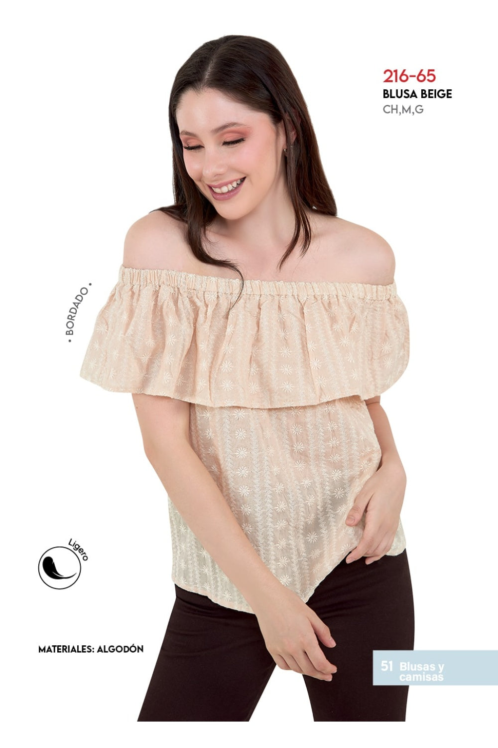 Blusa Beige Casual: Tela Ligera, Bordada, Off Shoulder