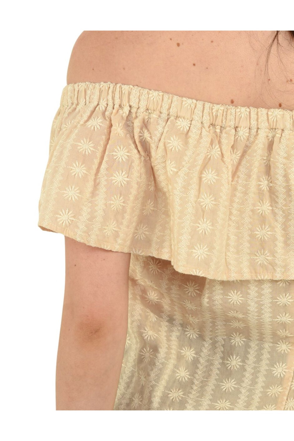 Blusa Beige Casual: Tela Ligera, Bordada, Off Shoulder