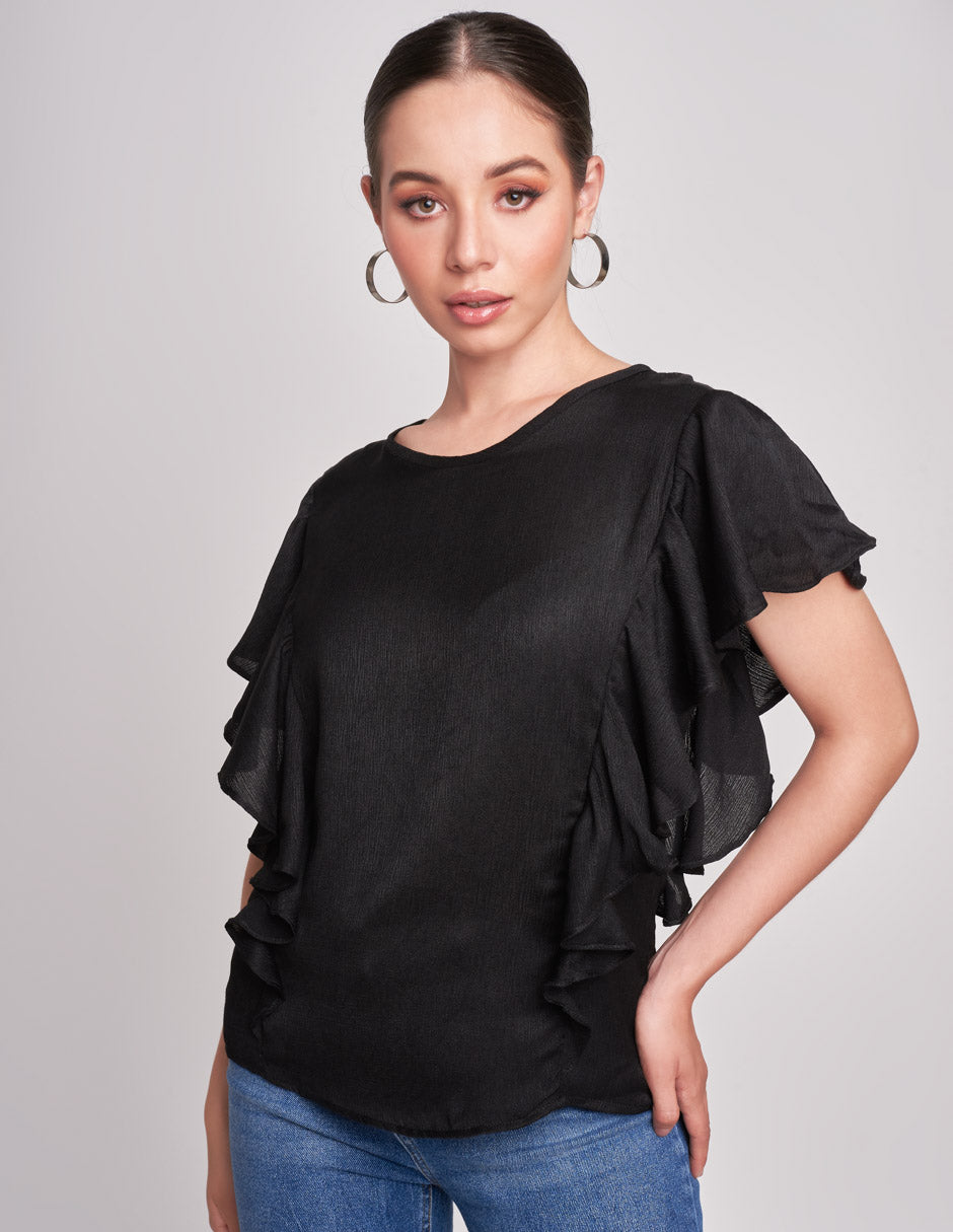 Blusa Negra con Olanes: Estilo y Elegancia a los Lados