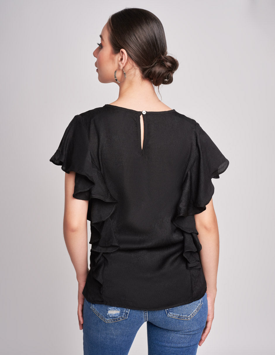 Blusa Negra con Olanes: Estilo y Elegancia a los Lados