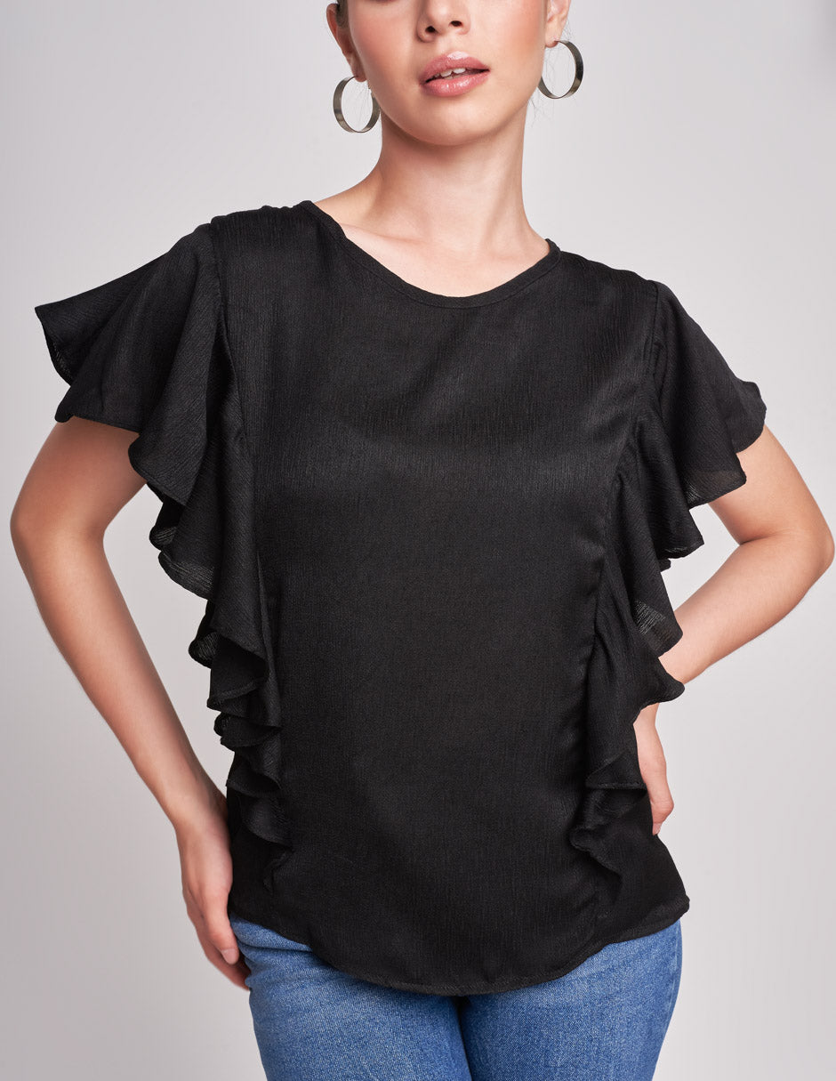 Blusa Negra con Olanes: Estilo y Elegancia a los Lados