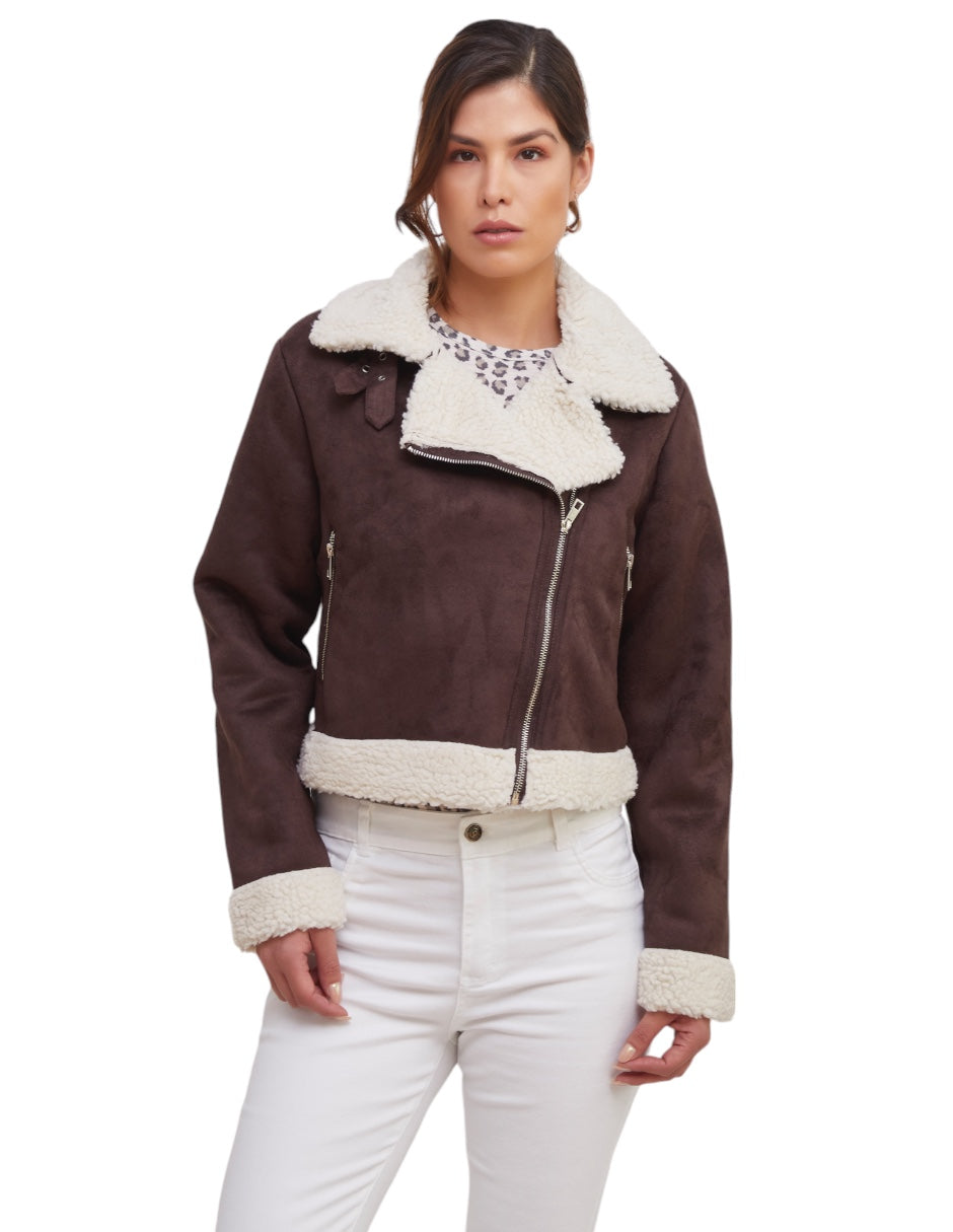 Chamarra Café Biker Gamuza con Borrego