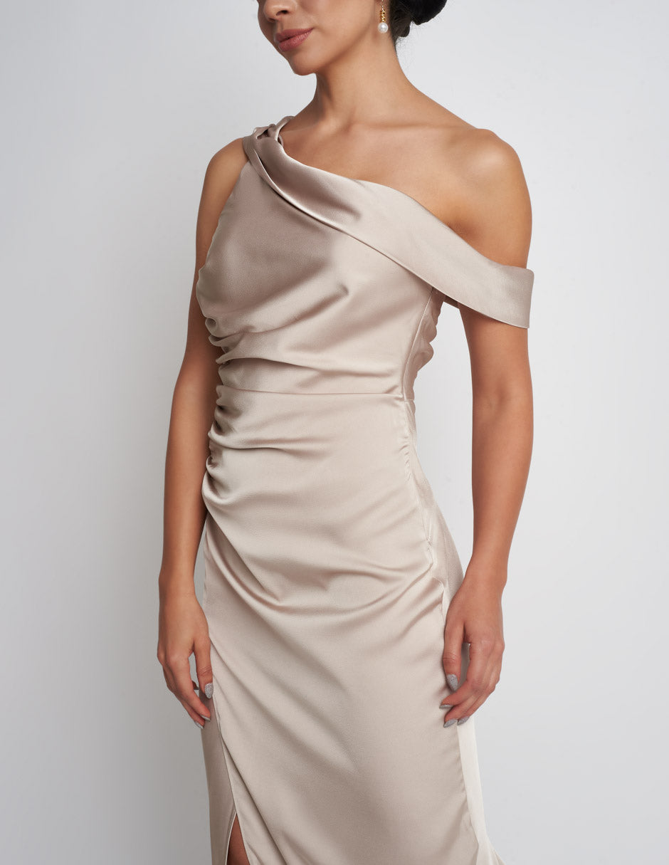 Vestido Devendi largo elegante para fiestas de mujer en tela satinada en color beige