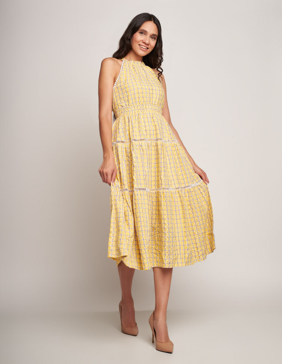 Vestido Largo Amarillo con Gipur