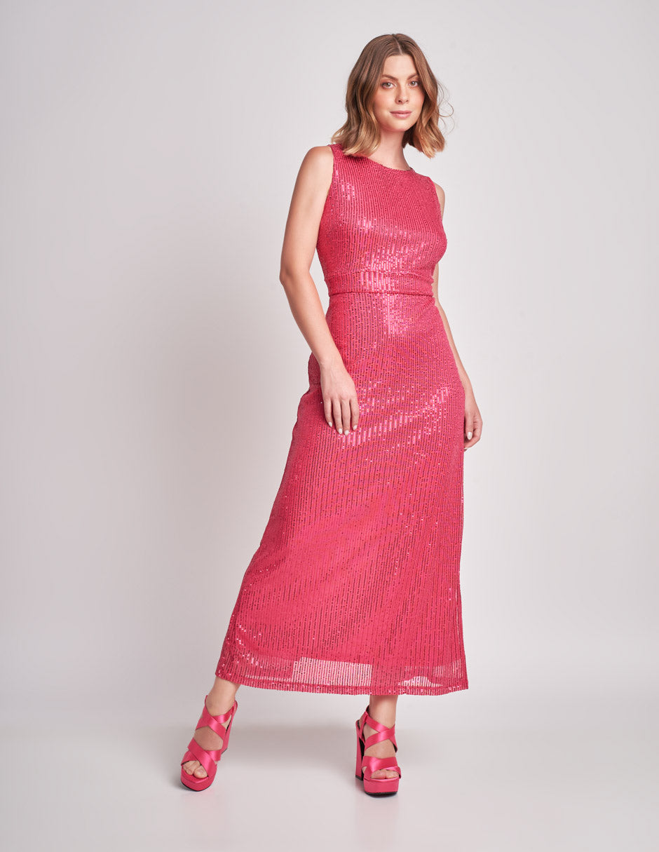 Vestido Largo Rosa de Fiesta: Sin Mangas y con Forro