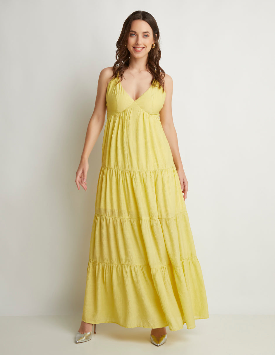 Vestido Largo Ligero con Vuelo Tirantes Delgados Ajustables Escote en V Amarillo M