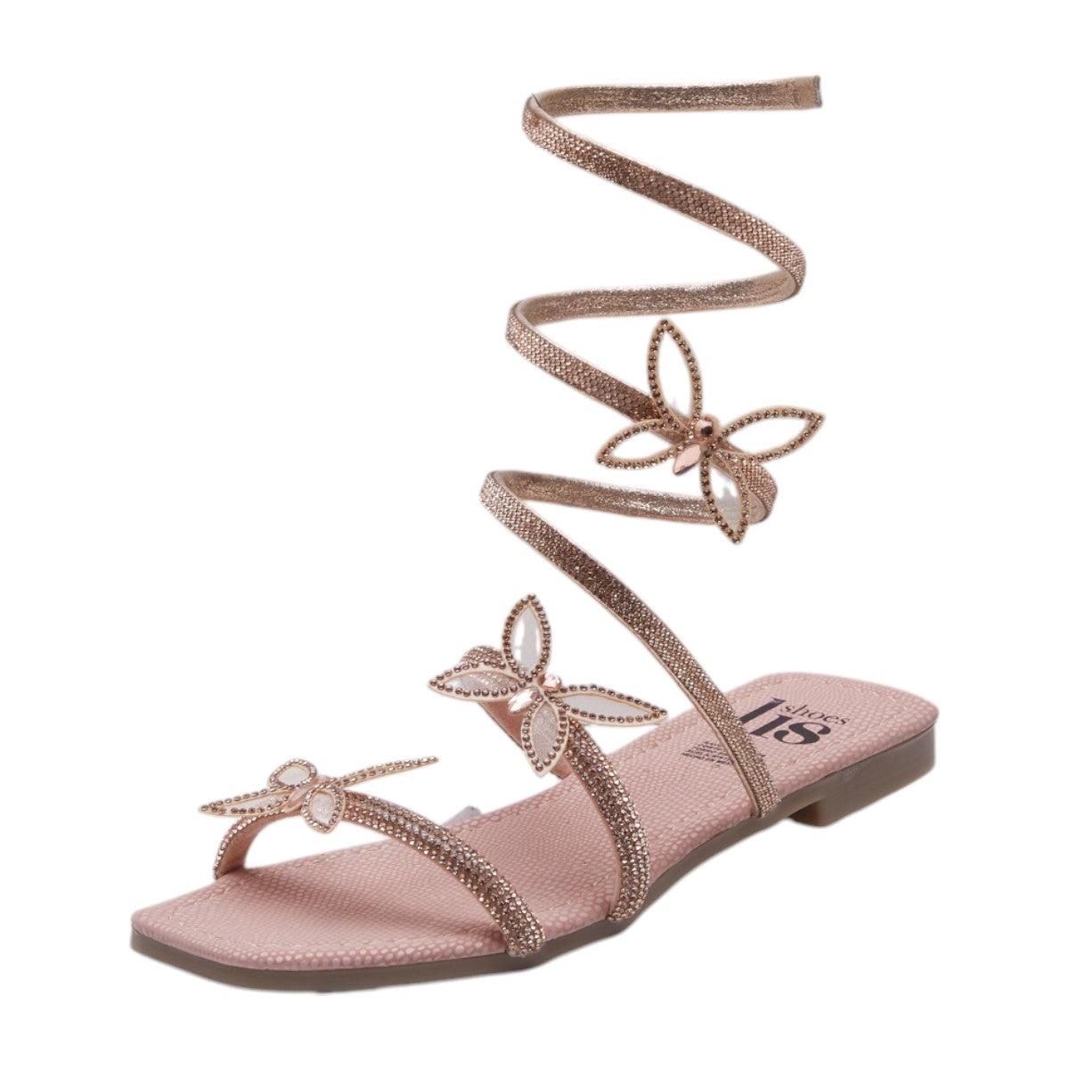 Sandalia plana de mujer con brillantes y mariposas decorativas con diseño curvo hasta pantorrilla color dorado dv2925