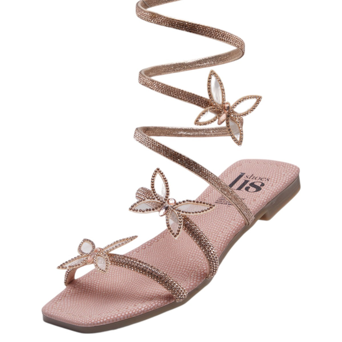 Sandalia plana de mujer con brillantes y mariposas decorativas con diseño curvo hasta pantorrilla color dorado dv2925