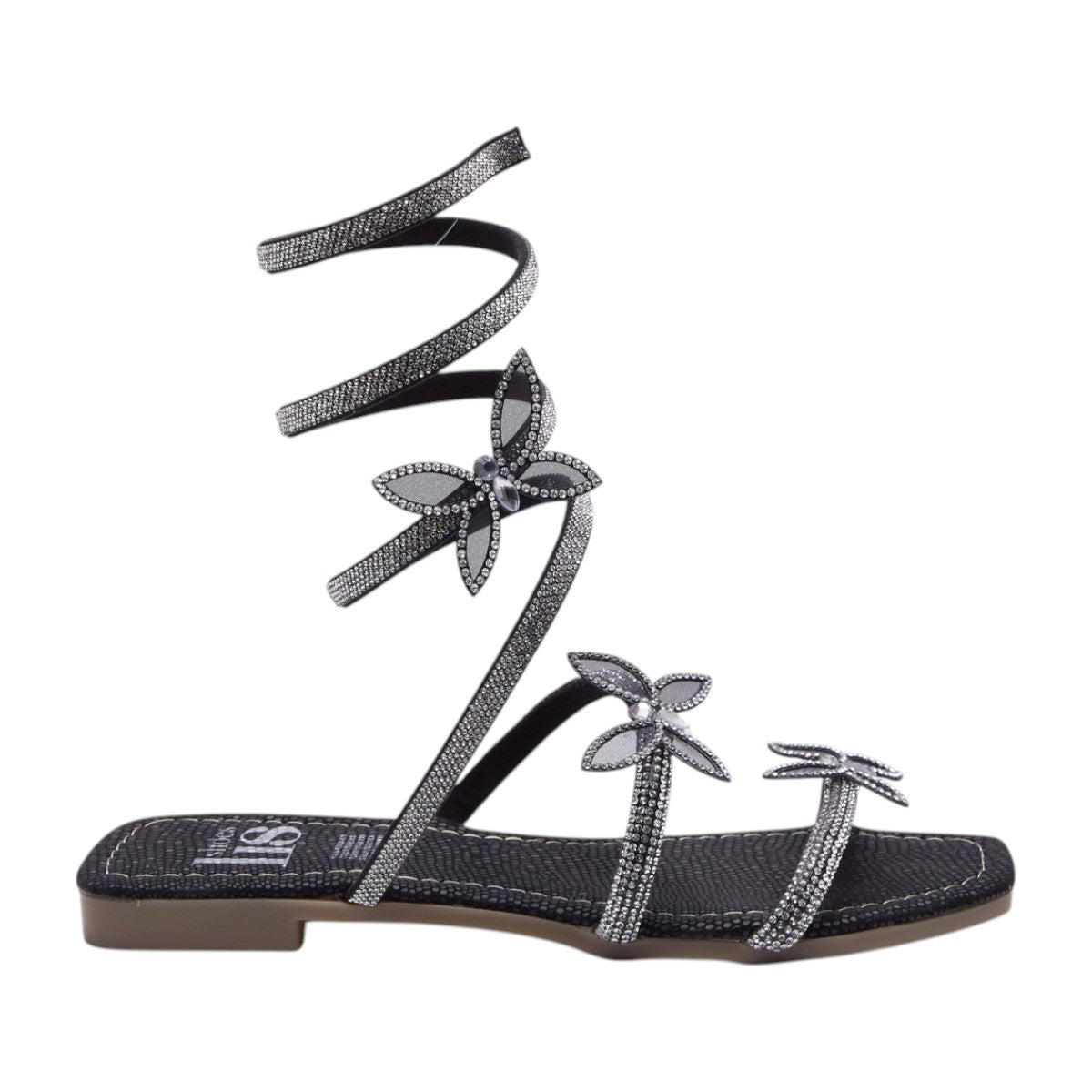 Sandalia plana de mujer con brillantes y mariposas decorativas con diseño curvo hasta pantorrilla color negro dv2925