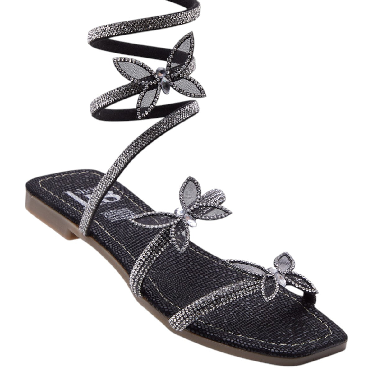 Sandalia plana de mujer con brillantes y mariposas decorativas con diseño curvo hasta pantorrilla color negro dv2925