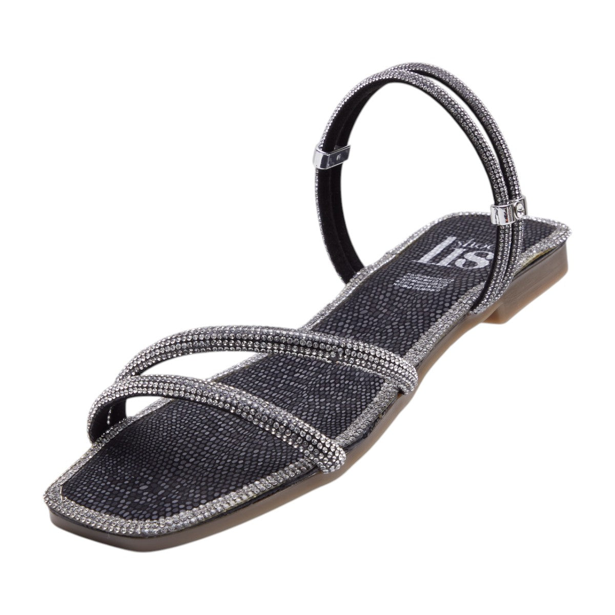 Sandalia plana mujer con brillantes en tiras decorativas color negro/ plateado dv2925