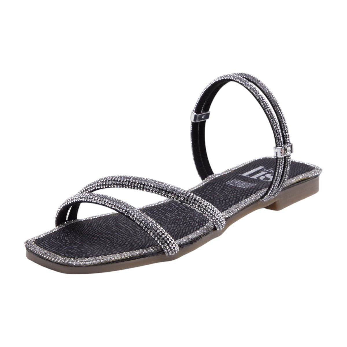 Sandalia plana mujer con brillantes en tiras decorativas color negro/ plateado dv2925