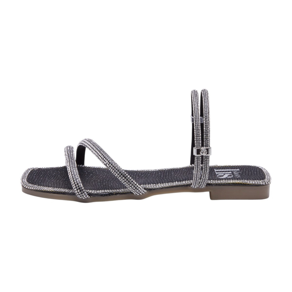 Sandalia plana mujer con brillantes en tiras decorativas color negro/ plateado dv2925
