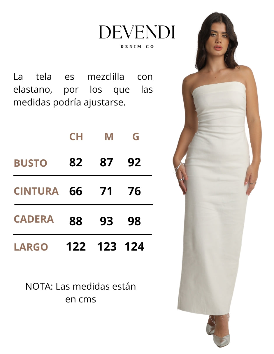 Vestido Strapless Midi de Mezclilla Stretch con Pinzas en Busto y Cierre Metálico en Espalda Color Blanco