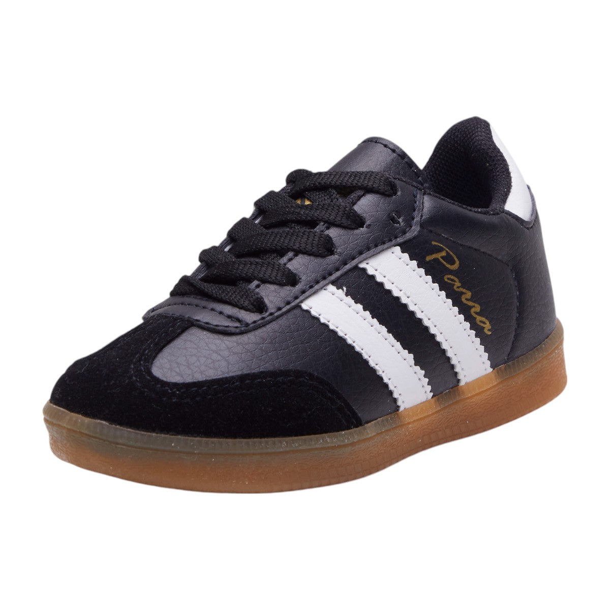 Tenis unisex para niños negros con líneas decorativas blancas, mezcla de piel sintética y gamuza, agujetas funcionales y punta redonda dv2925