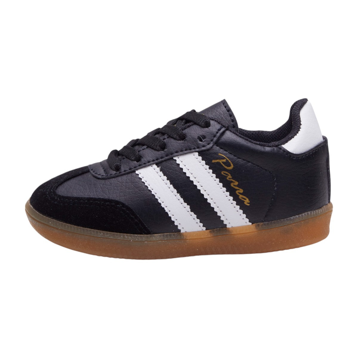 Tenis unisex para niños negros con líneas decorativas blancas, mezcla de piel sintética y gamuza, agujetas funcionales y punta redonda dv2925