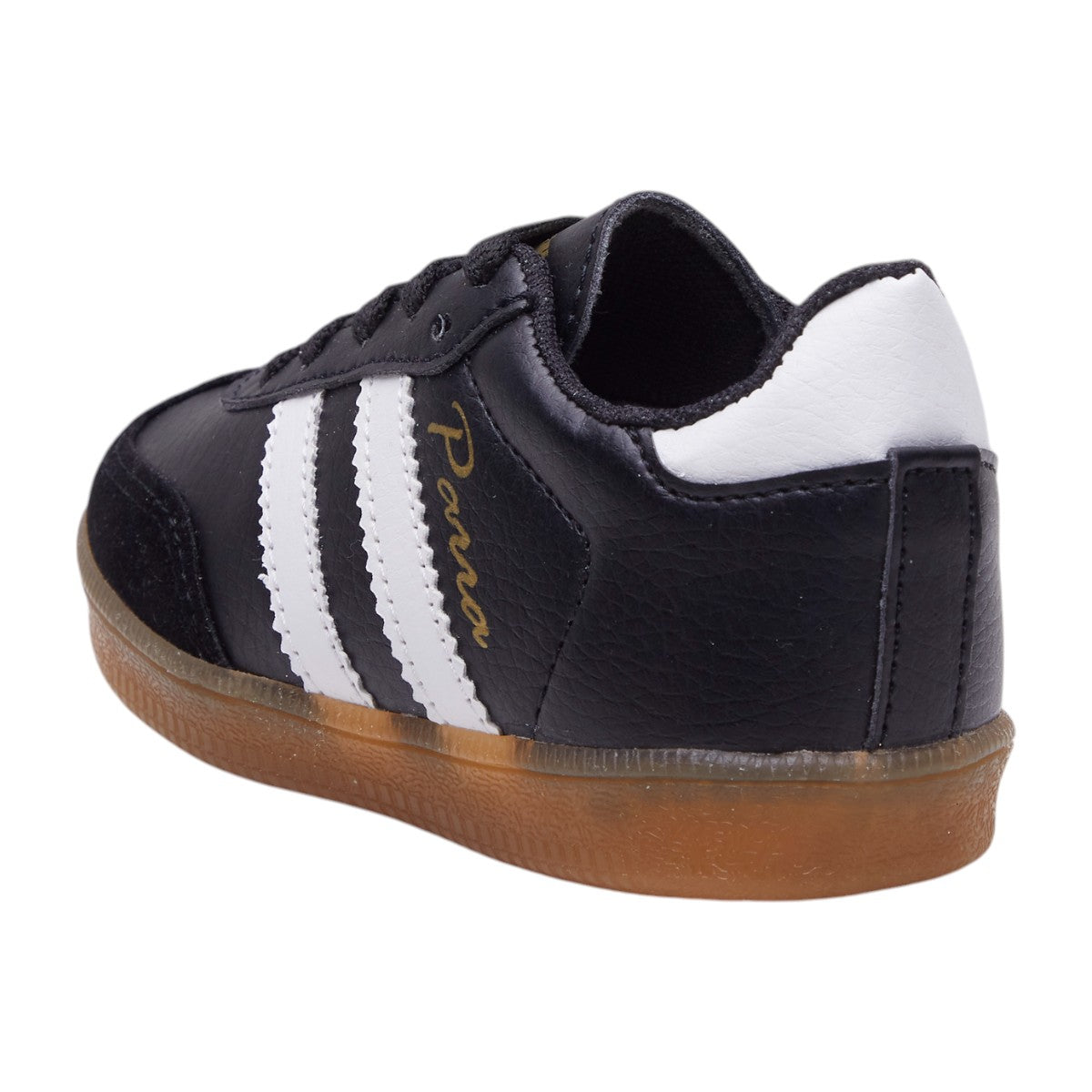 Tenis unisex para niños negros con líneas decorativas blancas, mezcla de piel sintética y gamuza, agujetas funcionales y punta redonda dv2925