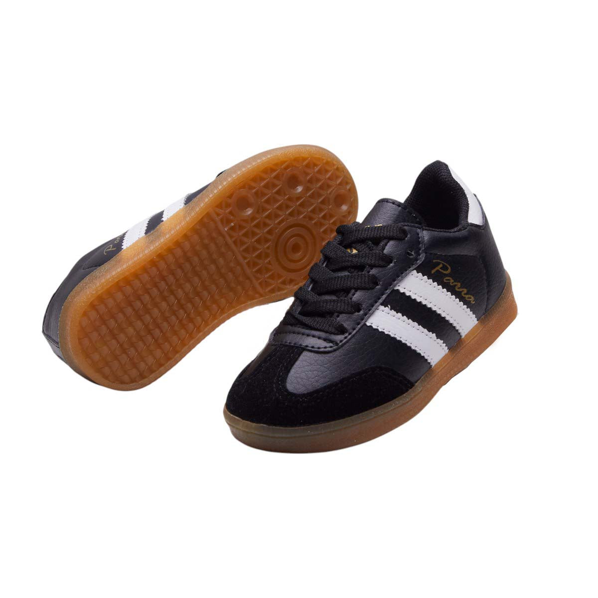 Tenis unisex para niños negros con líneas decorativas blancas, mezcla de piel sintética y gamuza, agujetas funcionales y punta redonda dv2925