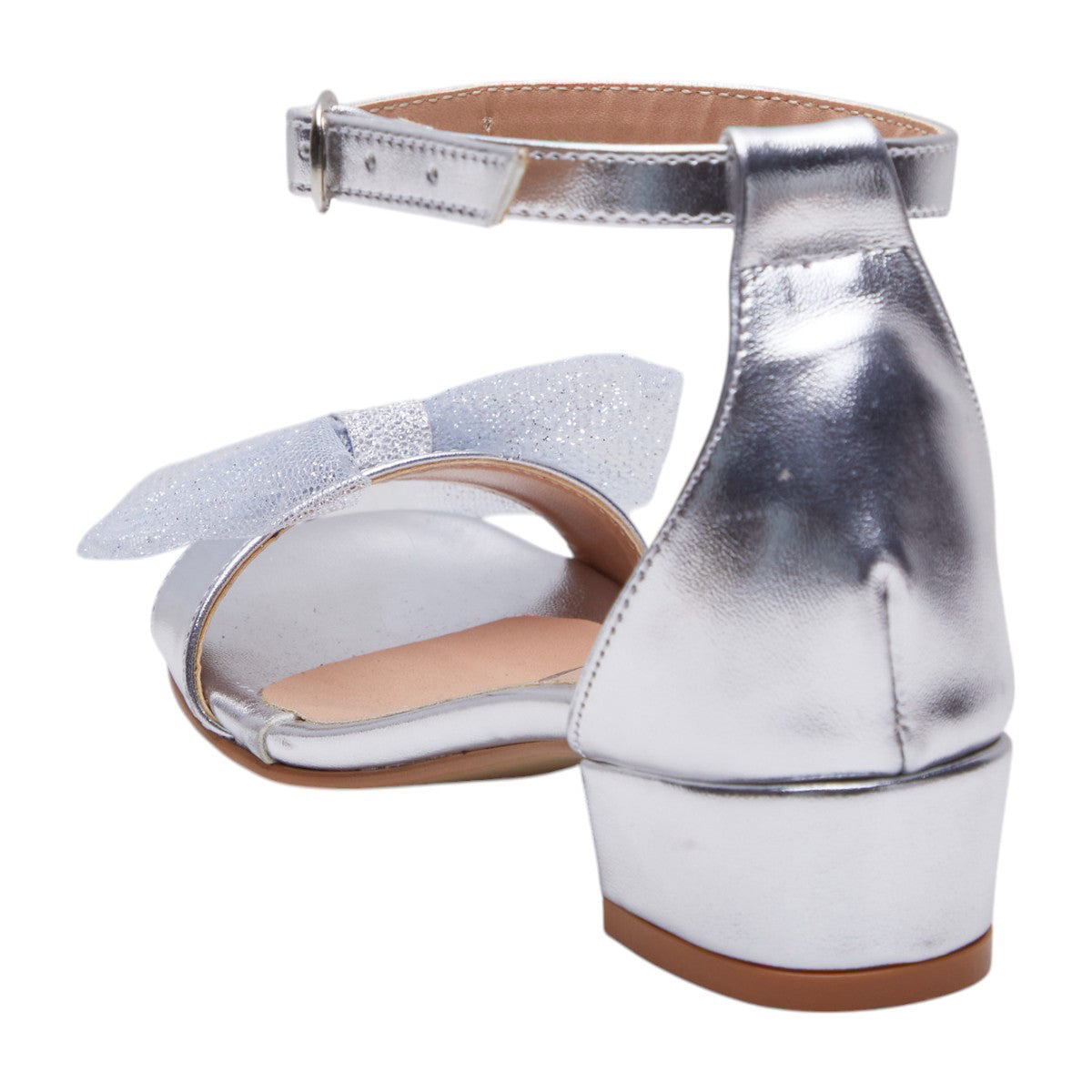 Zapatillas de tacón bajo para niña, plateadas metálicas con moño decorativo, punta abierta dv2925