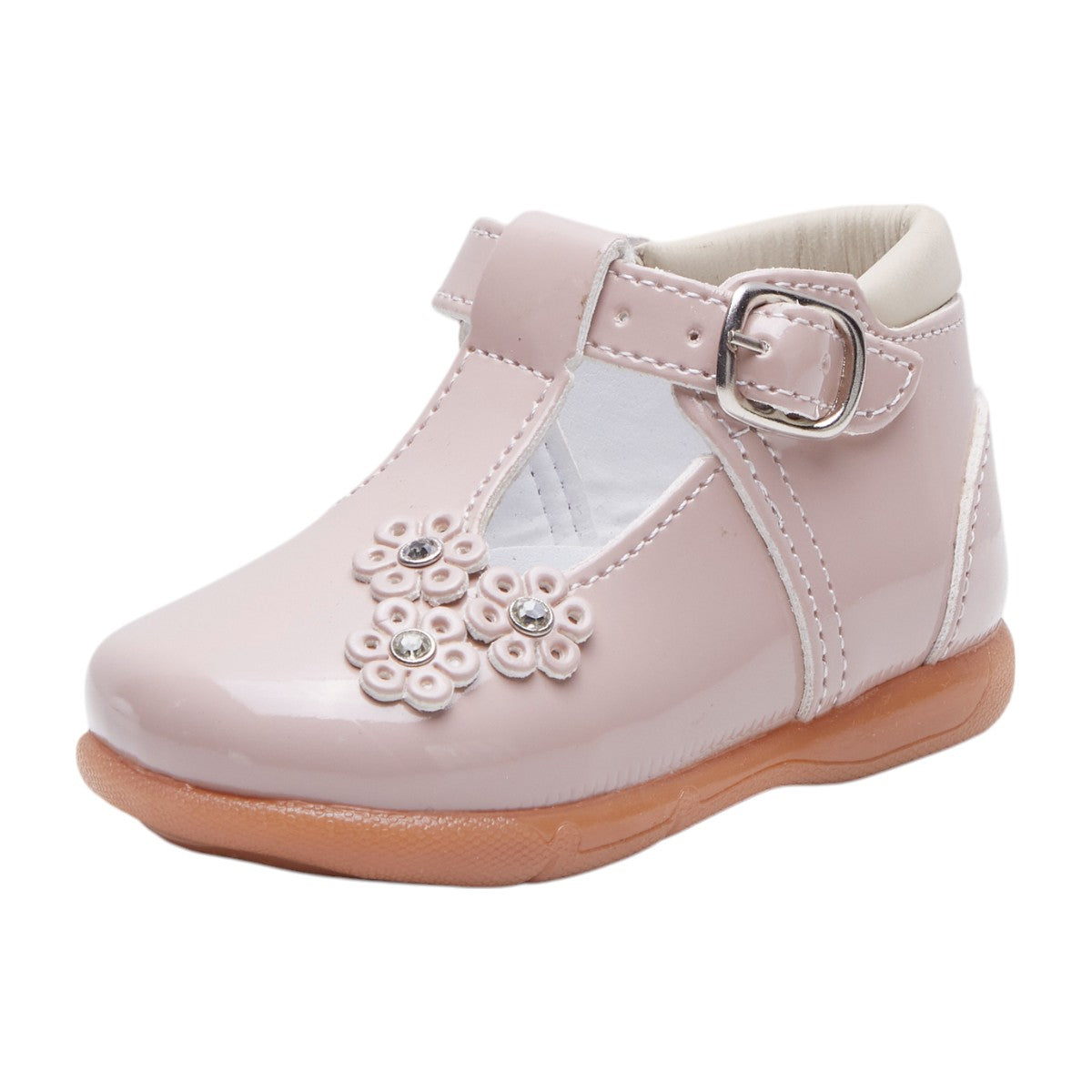Zapatos para niña de charol con brillo, punta redonda, correa ajustable con hebilla y flores decorativas dv2925
