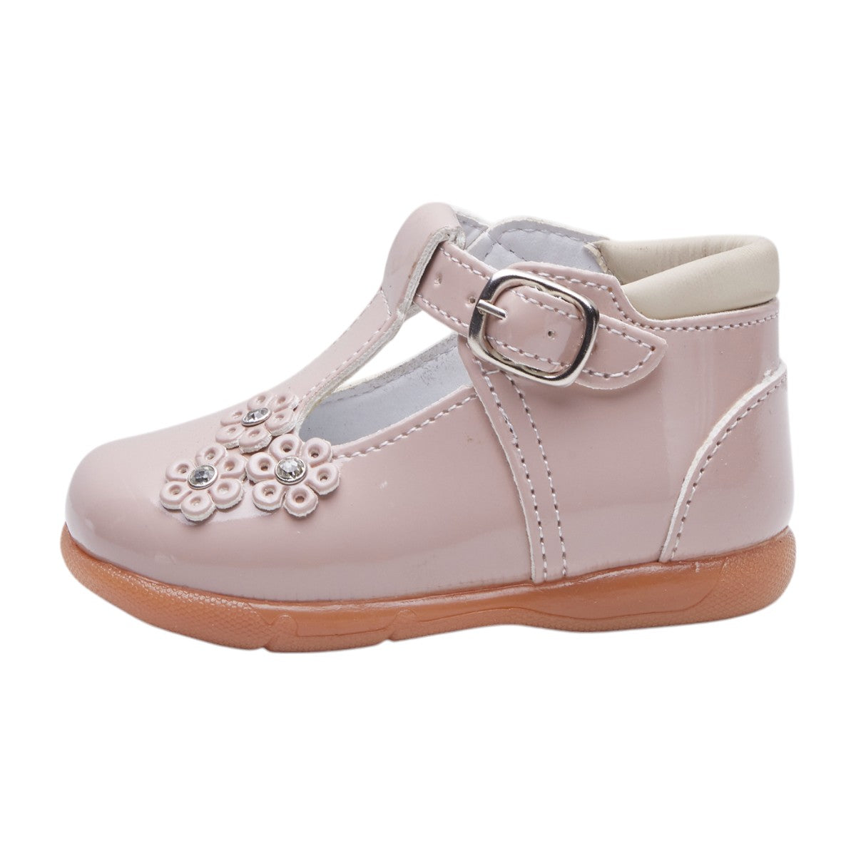 Zapatos para niña de charol con brillo, punta redonda, correa ajustable con hebilla y flores decorativas dv2925
