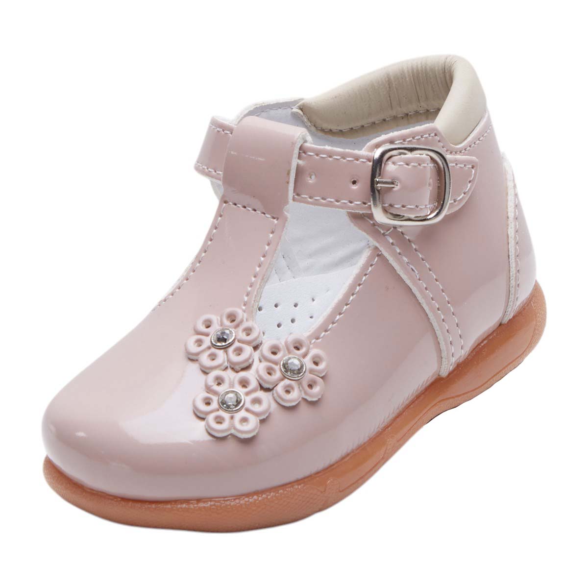 Zapatos para niña de charol con brillo, punta redonda, correa ajustable con hebilla y flores decorativas dv2925