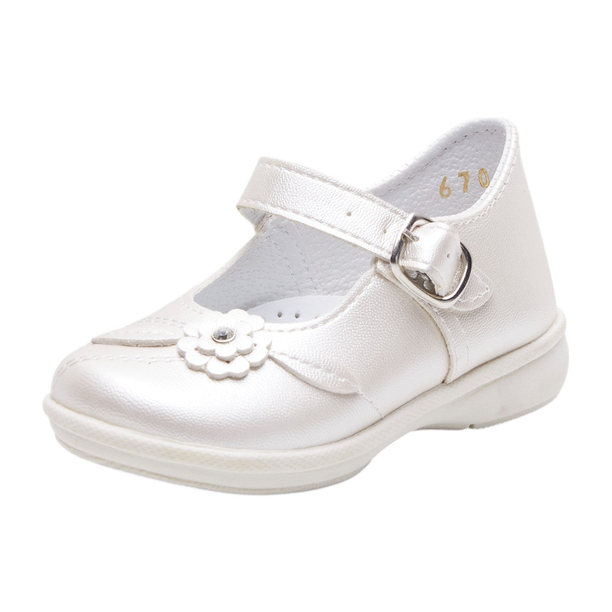 Zapatos para niña en charol blanco con brillo, punta redonda, correa ajustable con hebilla, suela anti derrapante y flor decorativa dv2925